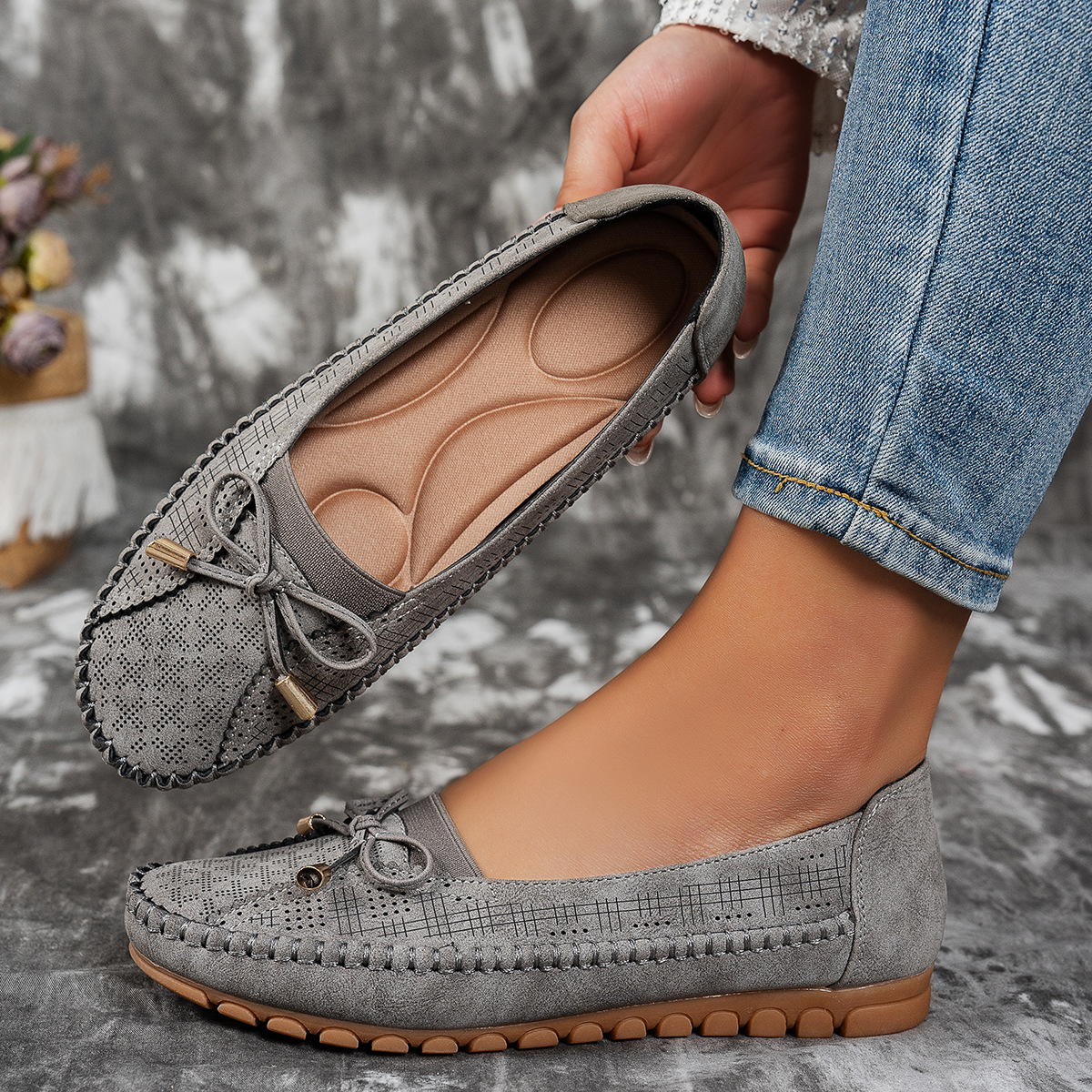 Stitching Bow Solid Color Women's Flat-heeled Shoes foto 5