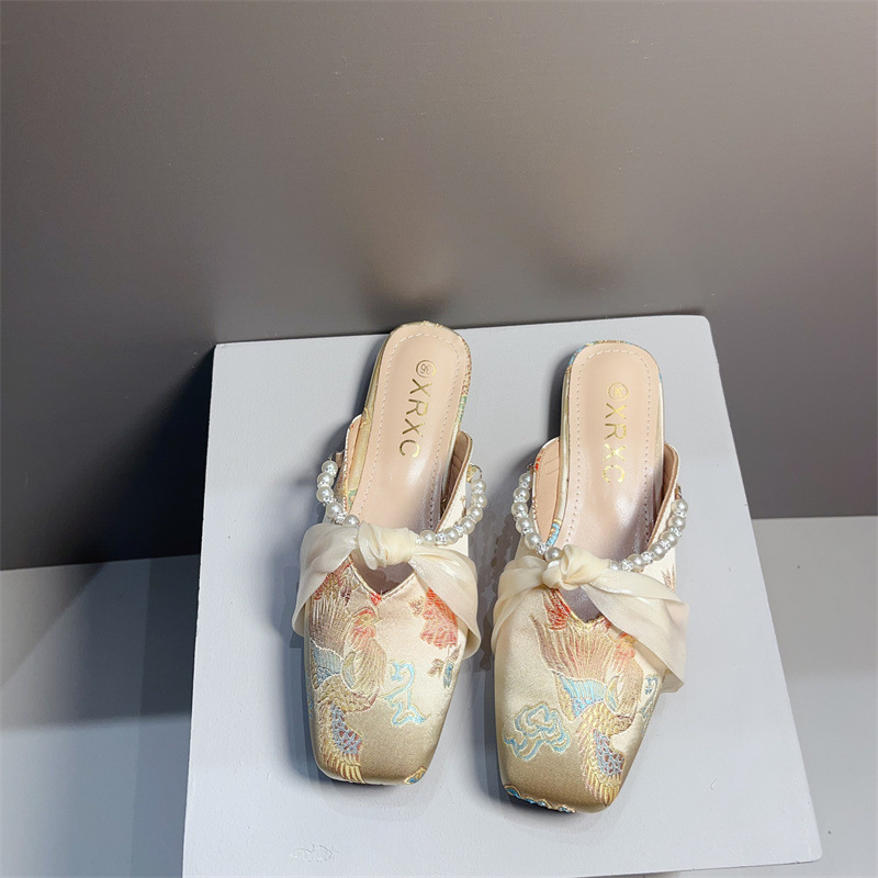 Embroidered Flat Square-toe Low-cut Half-slipper For Women