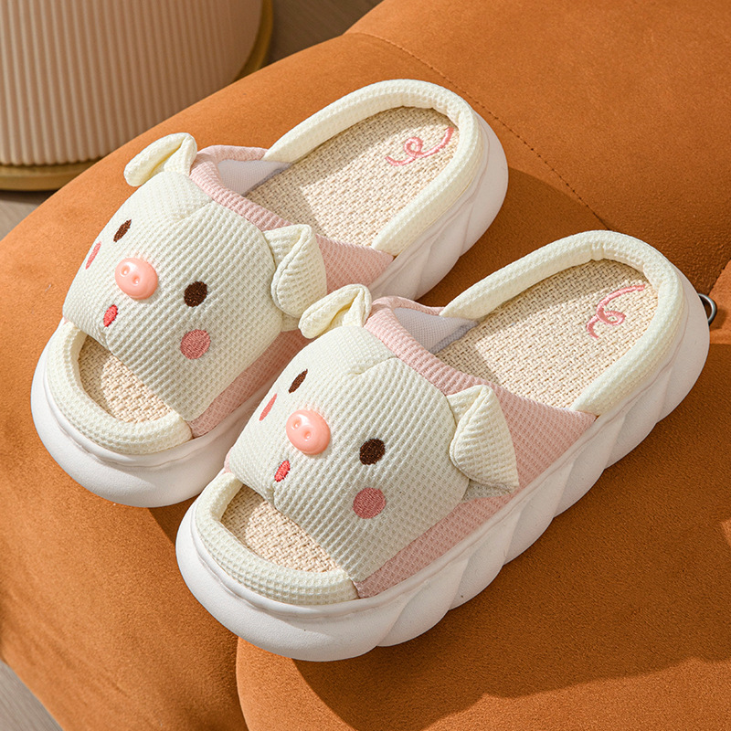 Cute Piggy Slippers Open Toe Linen Home Slipper Couples Women Men Cartoon Pig House Shoes foto 4