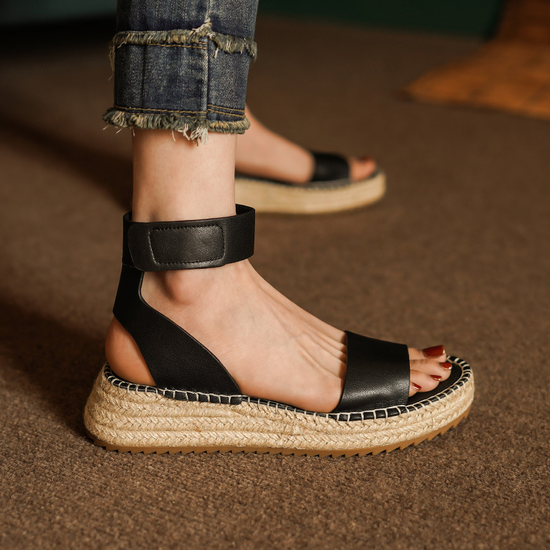 Womens All-leather Braided Vintage Flat Sandals With A Wedge Heel foto 4