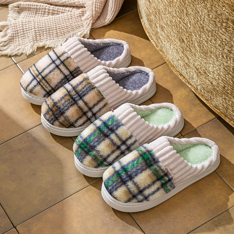 Plaid Plush Slippers Warm Soft Non-slip Bedroom Home Slipper For Couples Women Men House Shoes foto 3