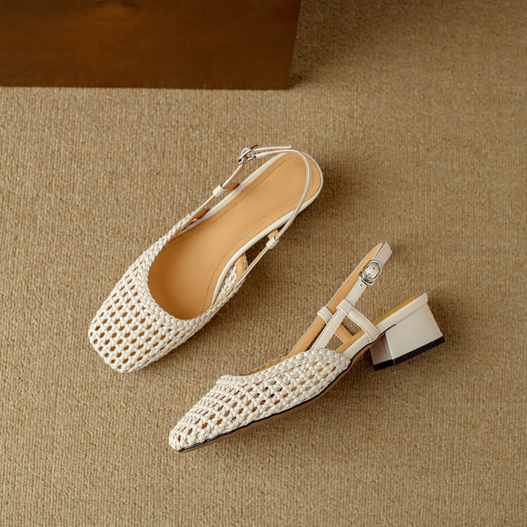 Woven Hollow-out Closed Toe Sandals Women's Chunky Heel Shoes foto 4