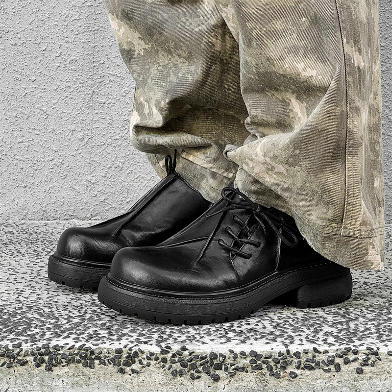 Inner Height Increasing Black Platform Warped Head Leather Shoes foto 4
