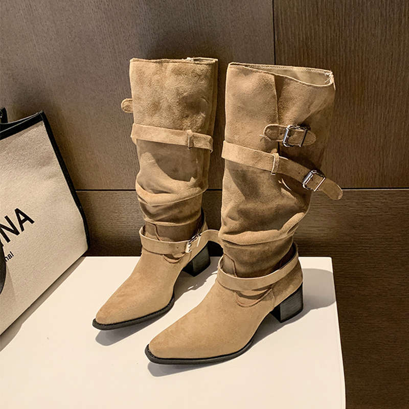 Womens Suede Pointed Toe Chunky Heel Ankle Boots foto 3