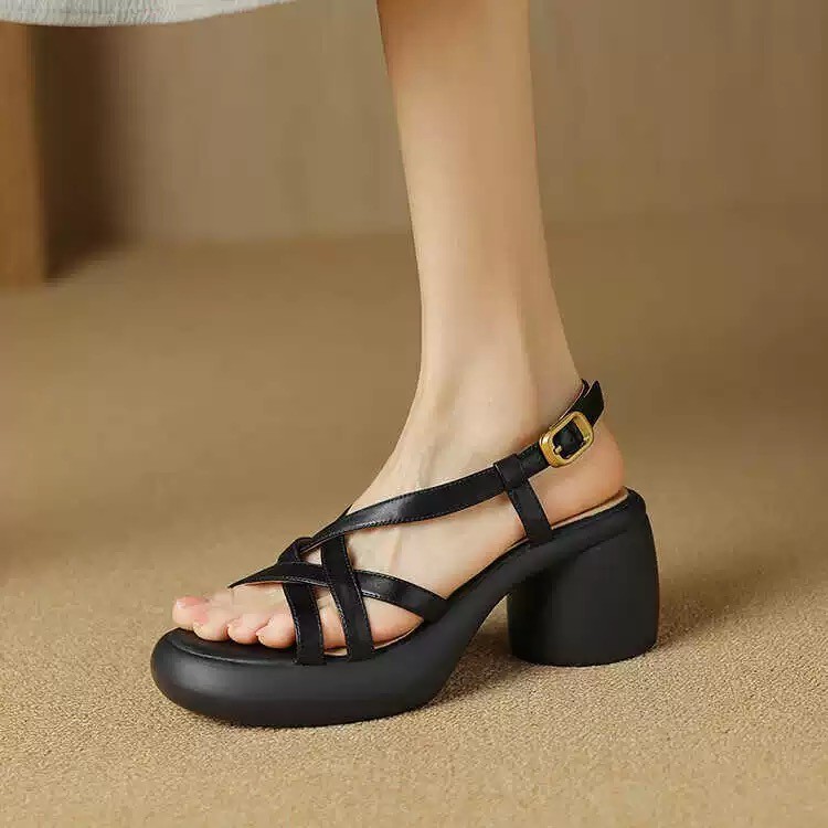 Retro Soft Leather High Heel Sandals For Women Platform Open Toe foto 2