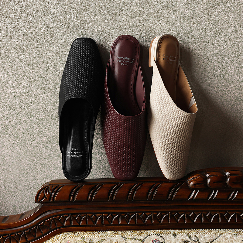 Women's Handmade Water-Stained Sheepskin Woven Mule Slides, Square-Toe Chunky Heel Backless Shoes With Pigskin Lining foto 4