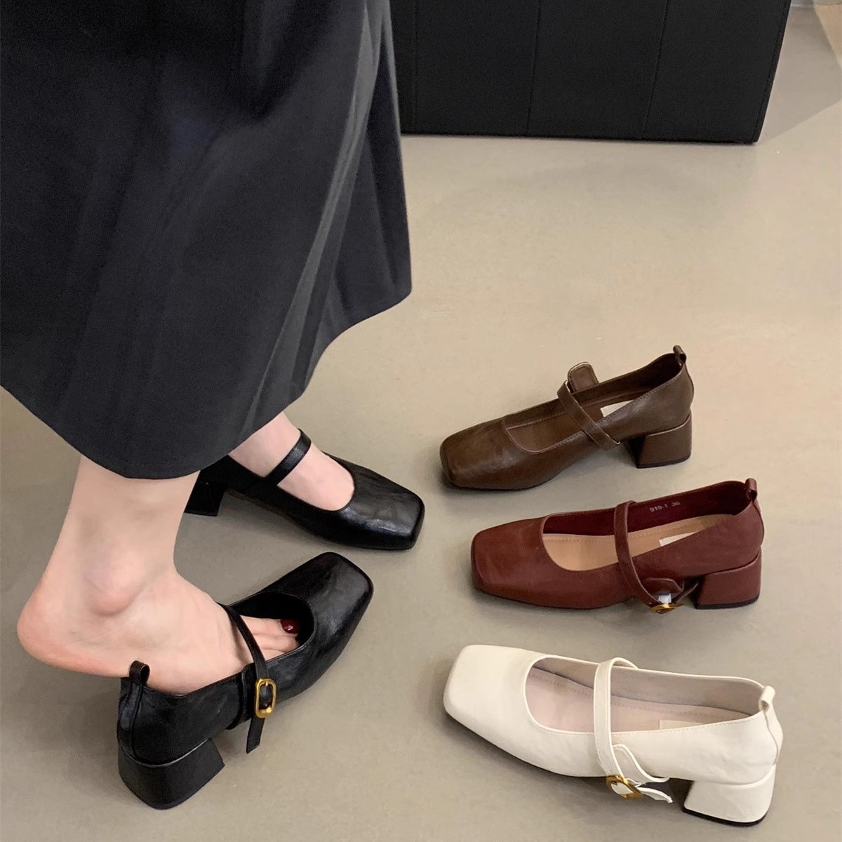 Retro Square-toe Low-cut Chunky-heel Women's Pumps foto 4