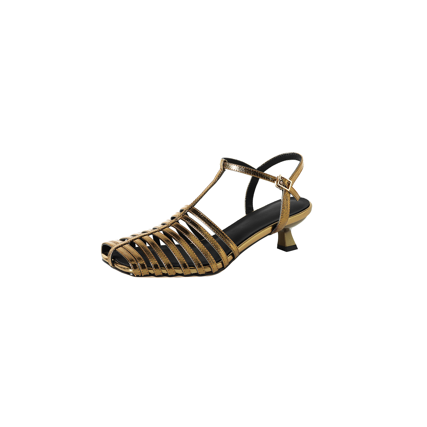 Women's Washed Genuine Lambskin Cage Sandals, T-Strap Slingback Kitten Heel Shoes foto 3