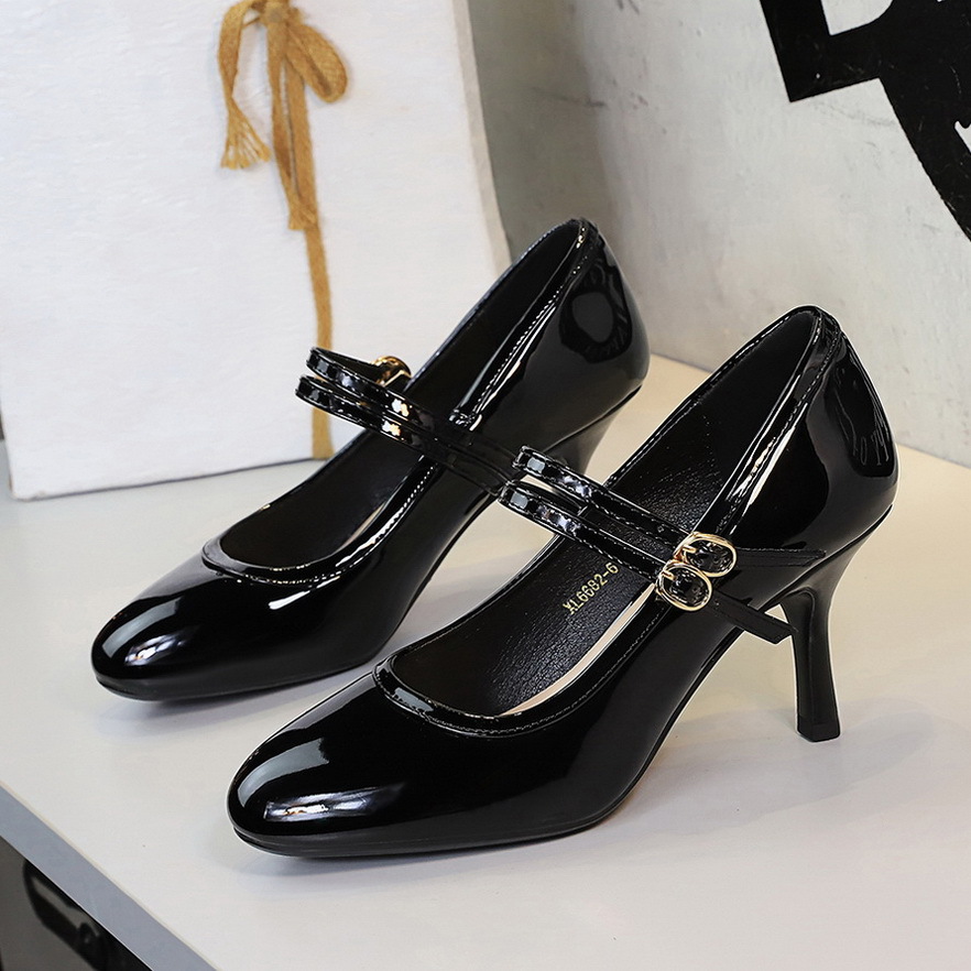 Slender Heel Round Toe Shallow Double Buckle Gentle Jk With Skirt Mary Jane Shoes foto 4