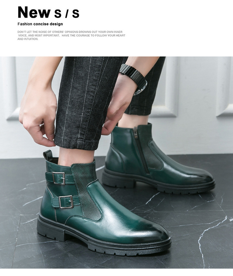 High-top British Double Buckle Slip-on Leather Boots Autumn And Winter