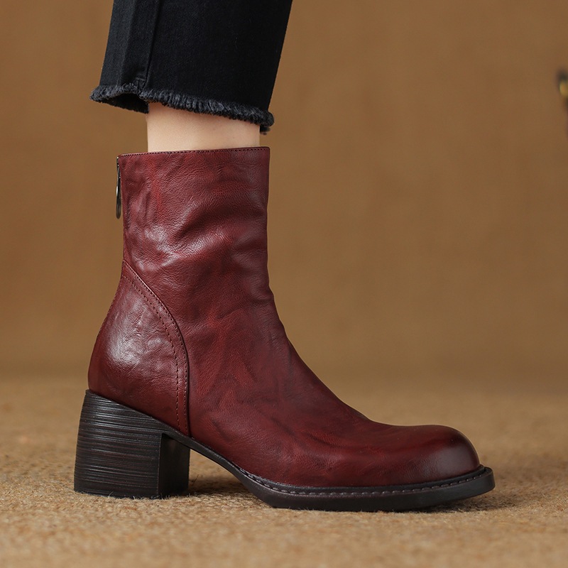 French-Style Retro Brown Round-Toe Ankle Boots foto 4