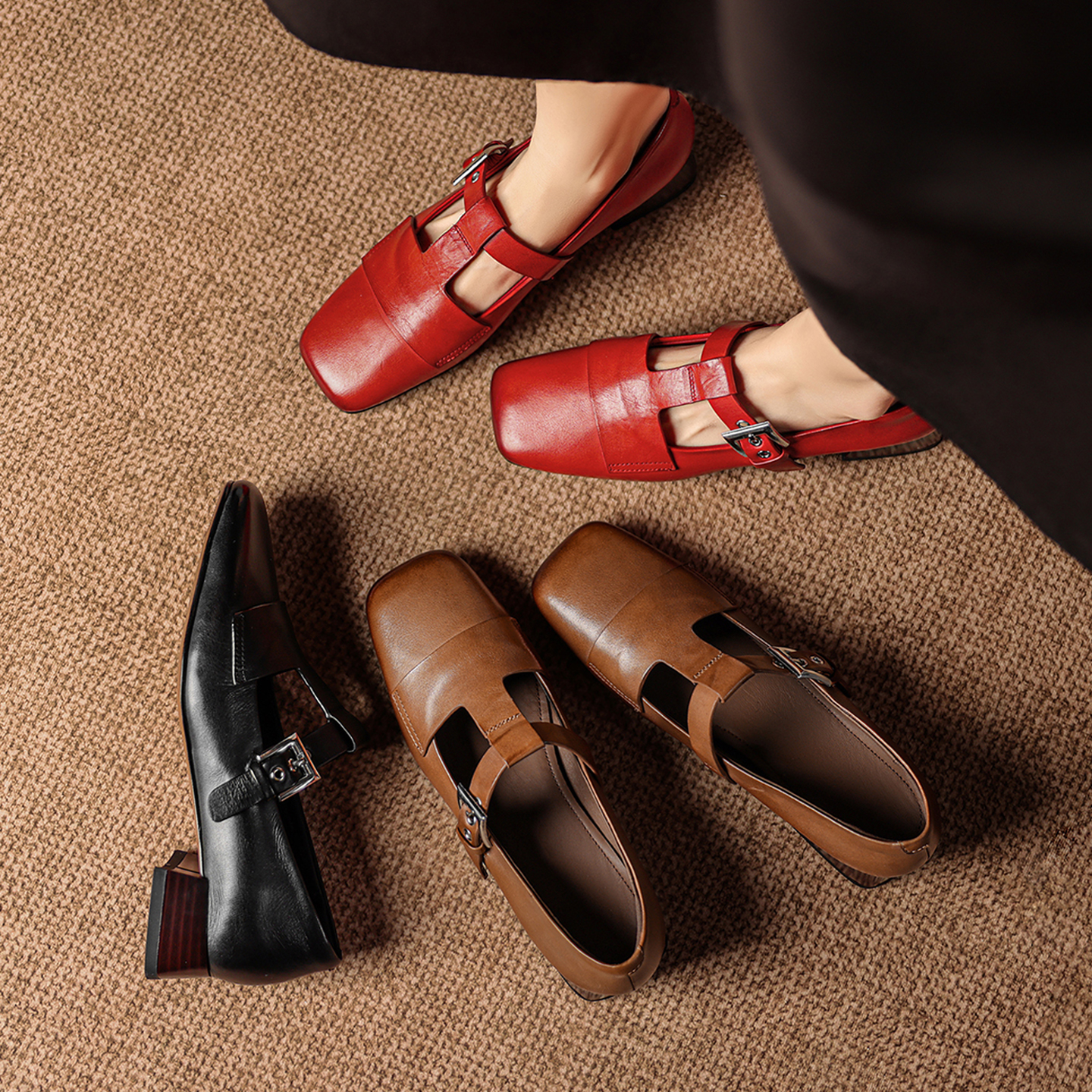 Women's Handmade Washed Full-Grain Leather Mary Jane Shoes, Vintage Square Toe T-Strap Buckle Low Block Heel Pumps foto 5