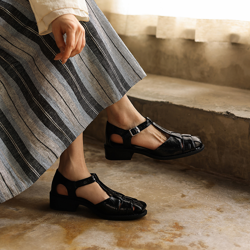 Women's Washed Full-Grain Leather Fisherman Sandals, Handmade Woven T-Strap Block Heel Shoes foto 4