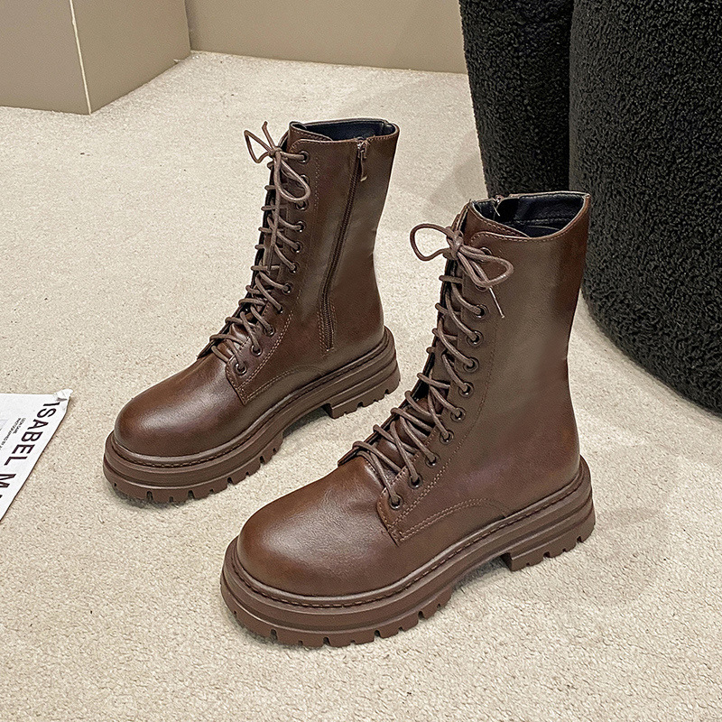 Autumn And Winter New Round Head Lace-up British Style Thick Bottom Mid-calf Martin Boots Women foto 5