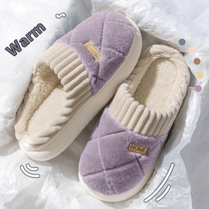 Men's Rhombic Sewing Plush Slippers Winter Warm Non-slip House Shoes For Women Bedroom Floor Home Slipper Couple