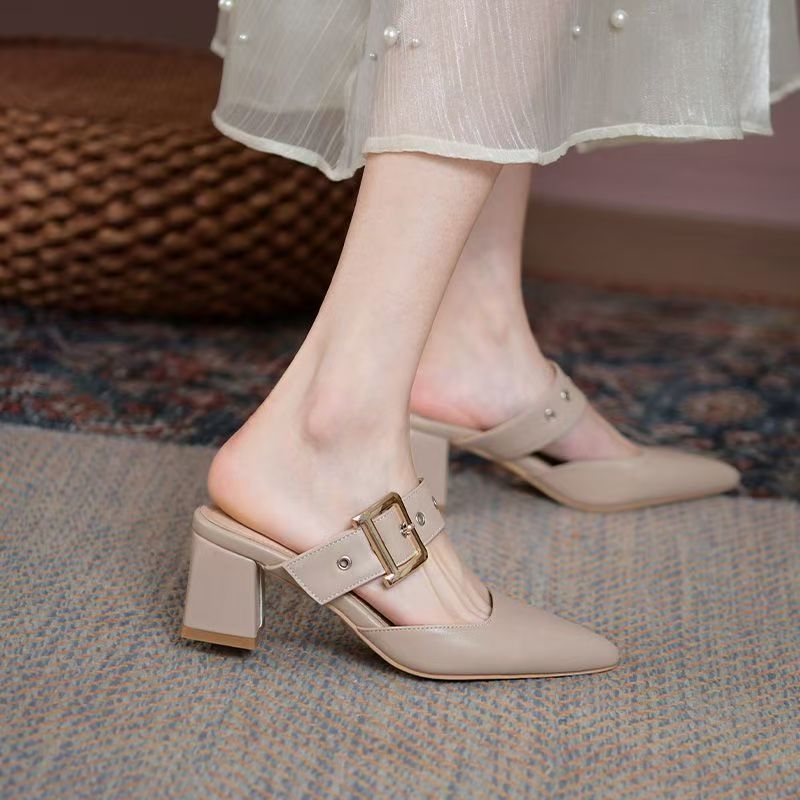 Womens Korean-style Pointed-toe Chunky-heel Closed-toe Slippers foto 4