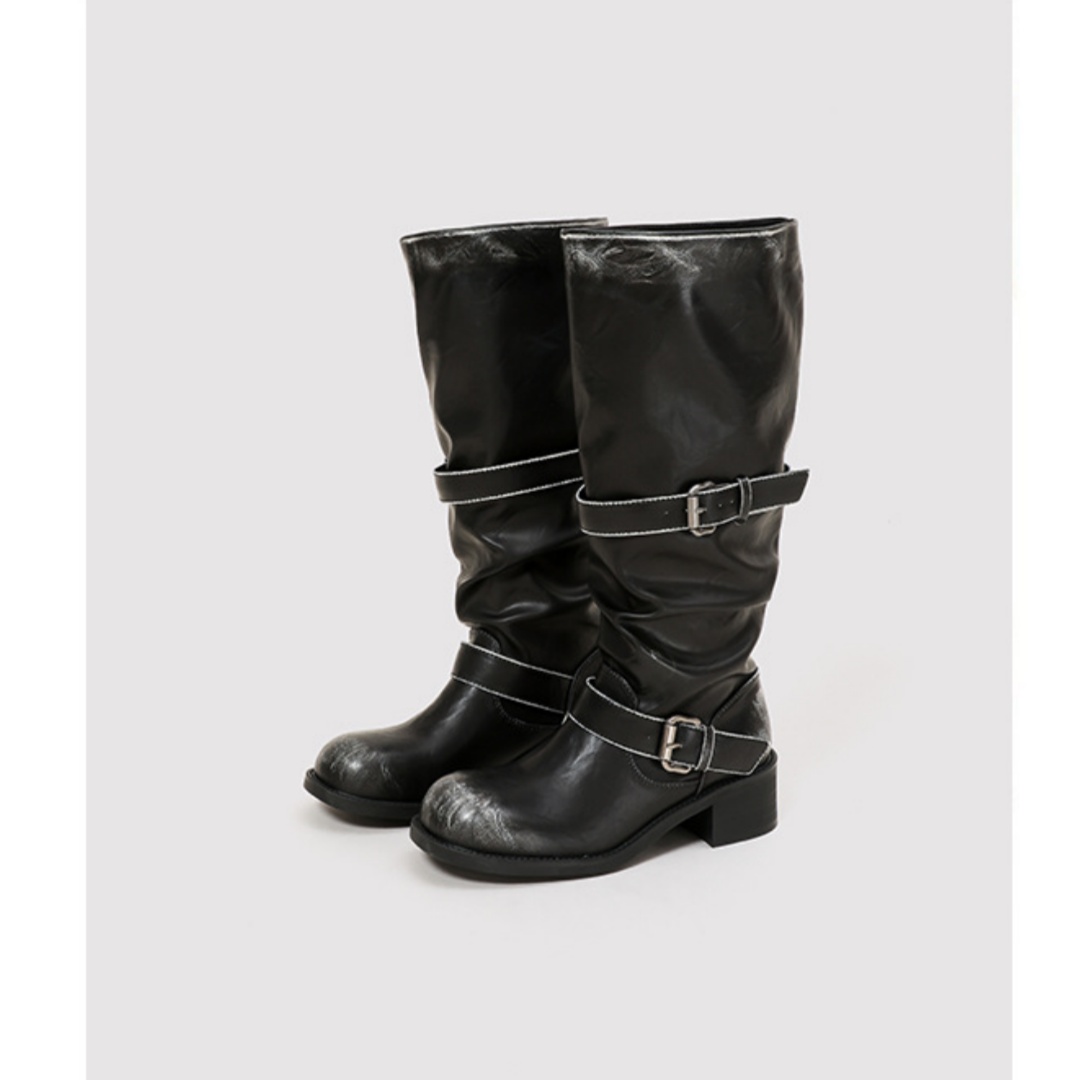 Chunky-heeled Vintage Distressed Mid-calf Boots Womens foto 5