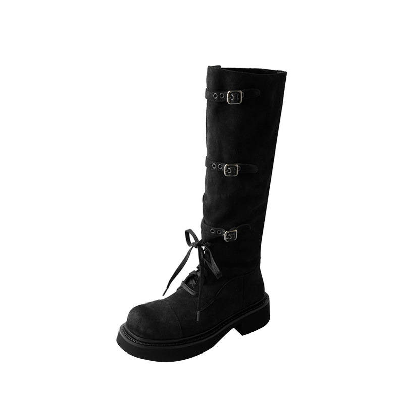 Women's Cowhide Lace-up Motorcycle-style Thigh-high Boots foto 2