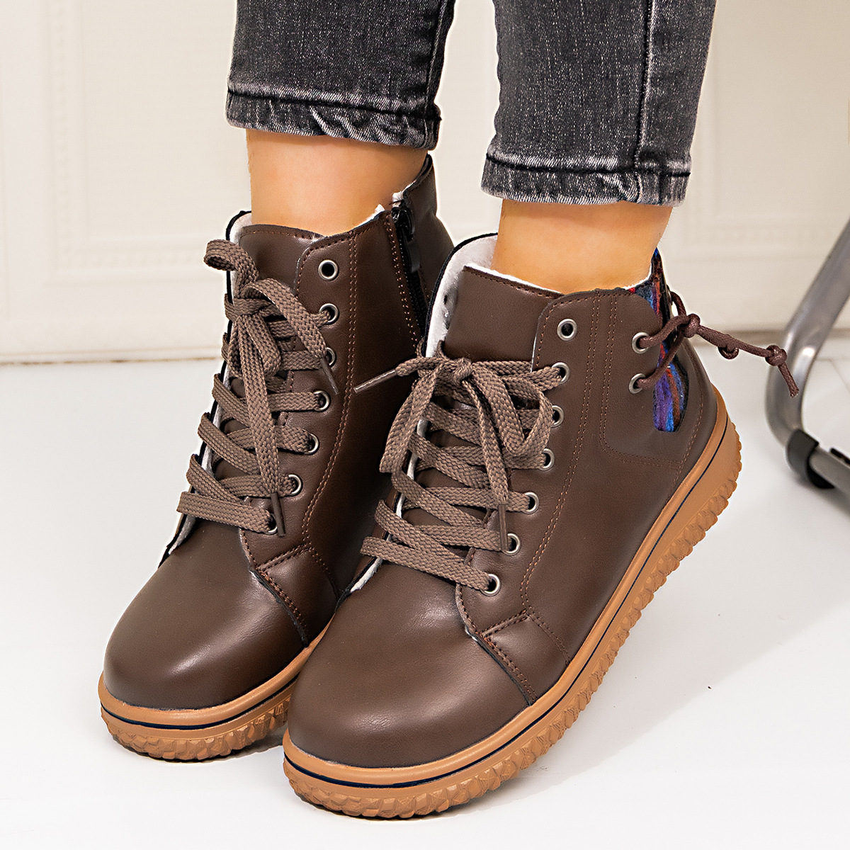 PU Casual Shoes With Front Laces, Winter Cotton Boots foto 3