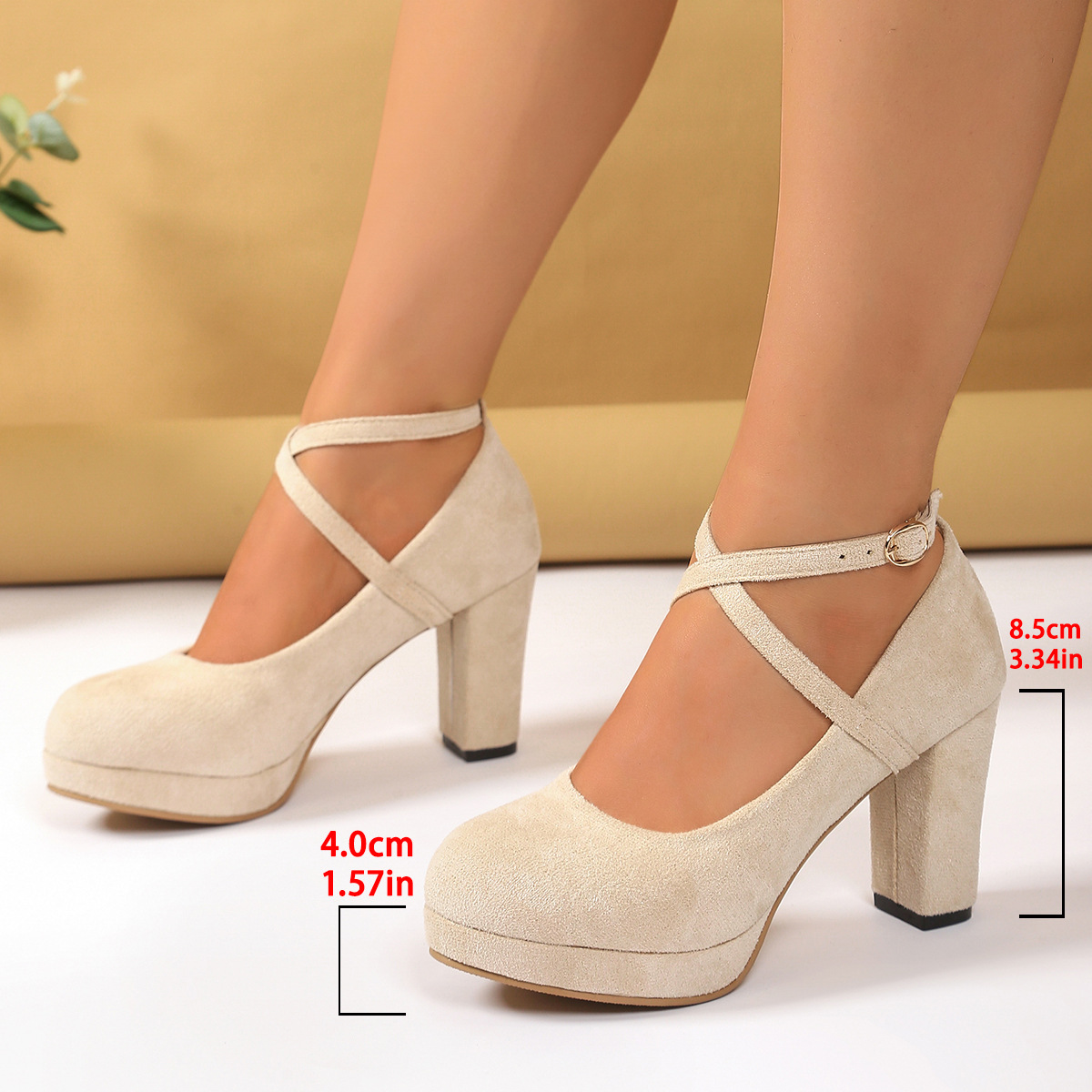 Shallow High-heel Chunky Heel Suede Cross-strap Women's Shoes foto 3