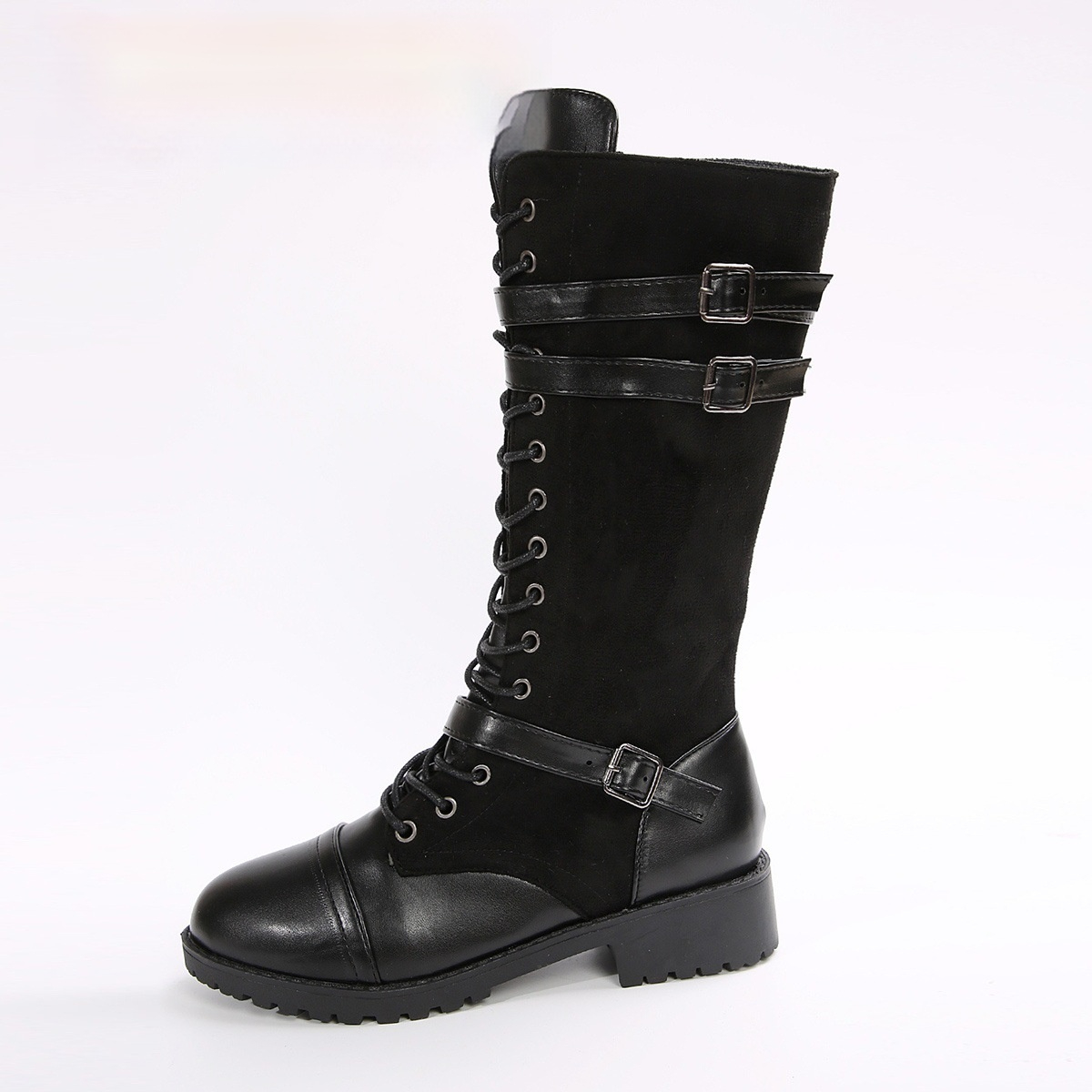 Round Toe Rivet Belt Buckle Square Heel Boots foto 4