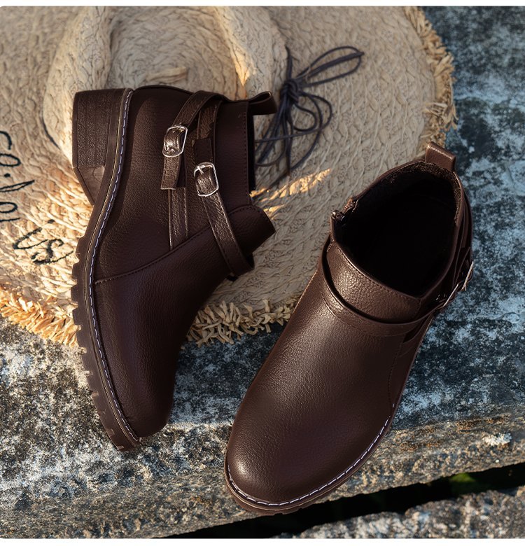 Low-heeled Leather Belt-buckle Plus-size Round-toe Ankle Boots foto 2