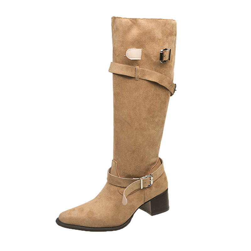 Womens Suede Pointed Toe Chunky Heel Ankle Boots foto 5