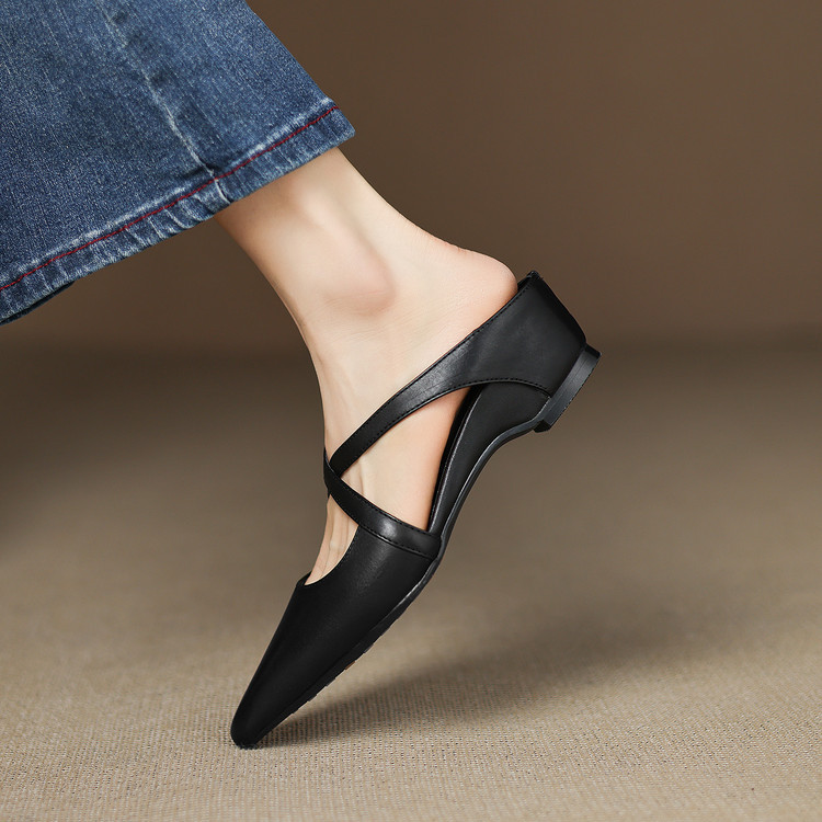 Vintage First Layer Washed Cowhide Pointed-toe Mules Shoes Outer Wear foto 4