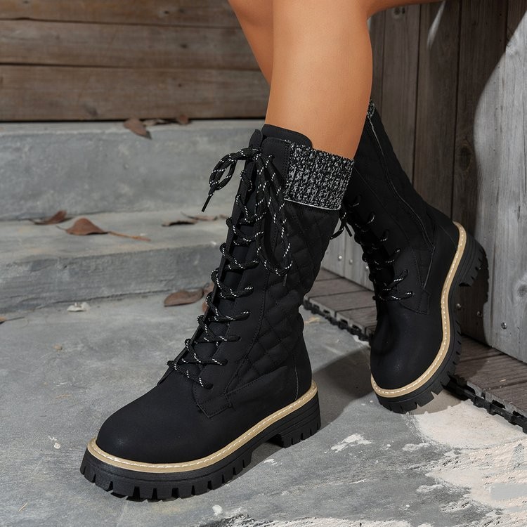 Check The Color-matched Front-lace-up Thick-heeled Martin Boots foto 2