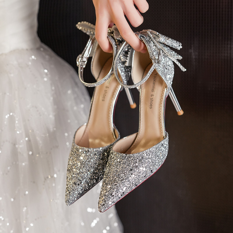 European And American Adult Banquet Sequined Bow Elegant Lady Fairy Buckle Closed Toe Women's High Heels foto 2