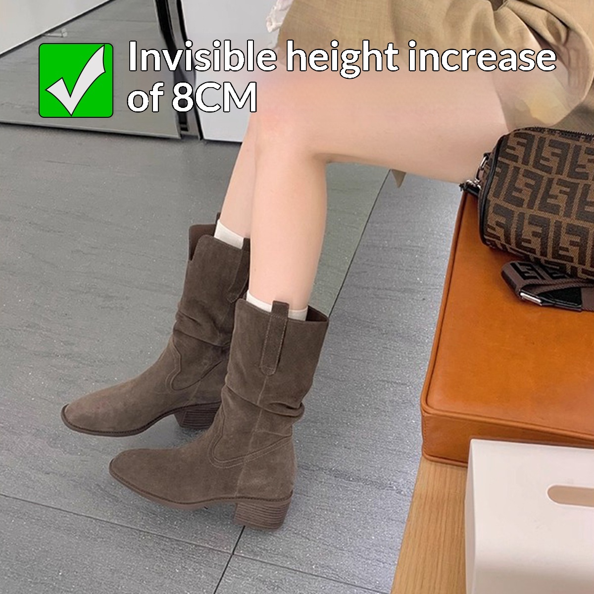 Height-increasing 8cm Round Toe Chunky Heel Slimming High Shaft Ankle Boots foto 3