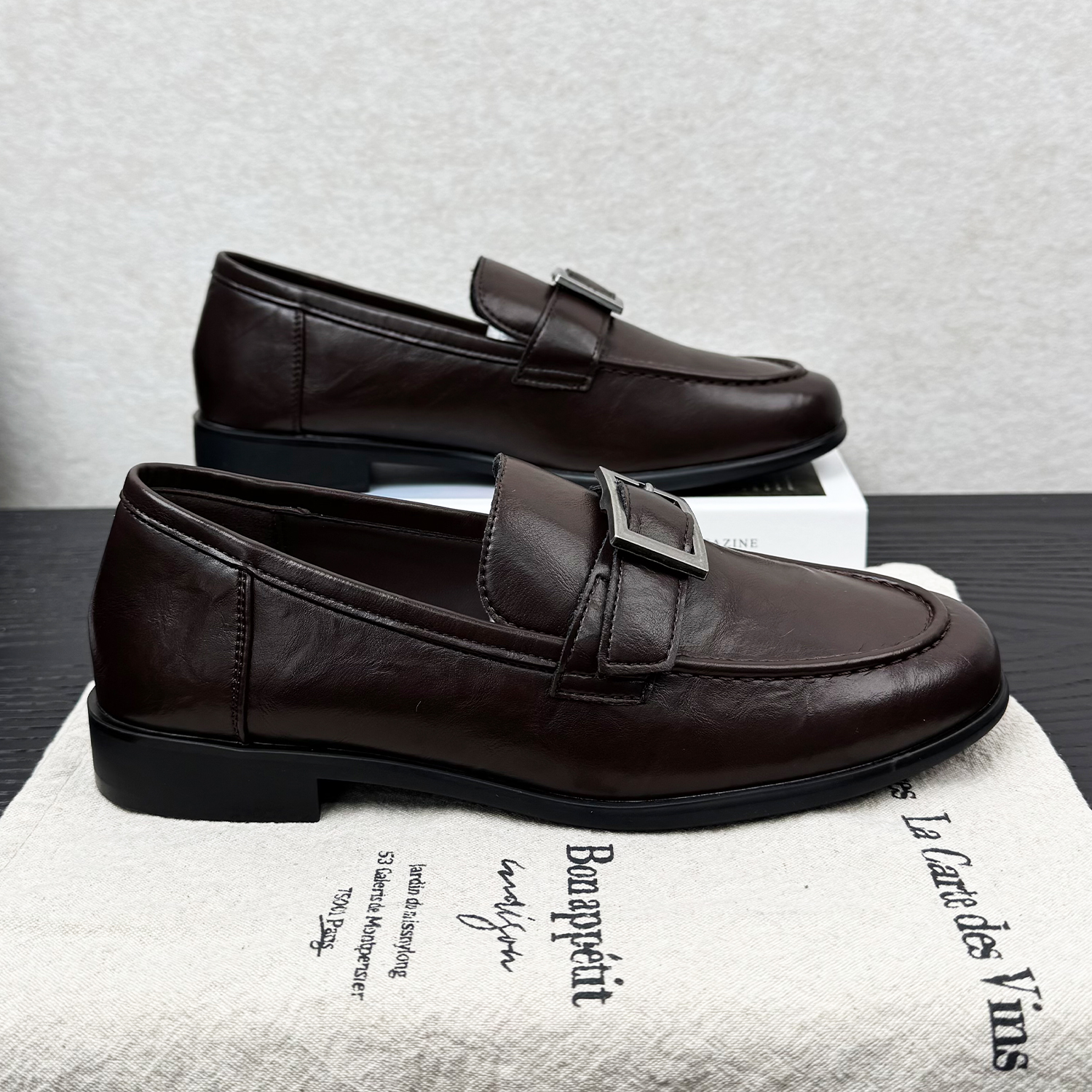 Round-toe Metal Buckle Slip-on Soft-soled Leather Shoes