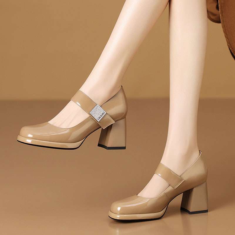 French-style Round-toe Low-cut Burgundy Mary Jane High Heels foto 2