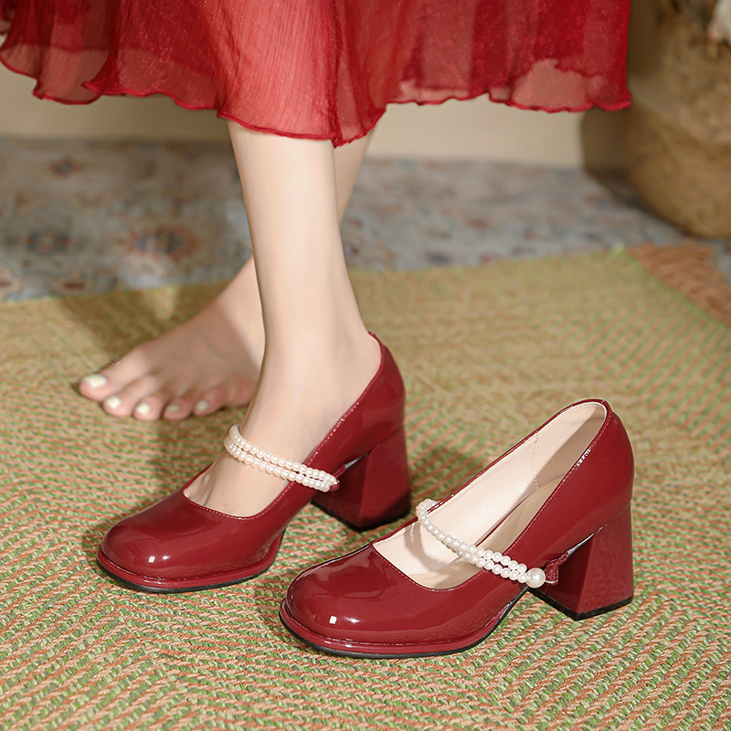 French Mary Jane Small Chunky Heel Fairy Style Pearl Lace-up High foto 3