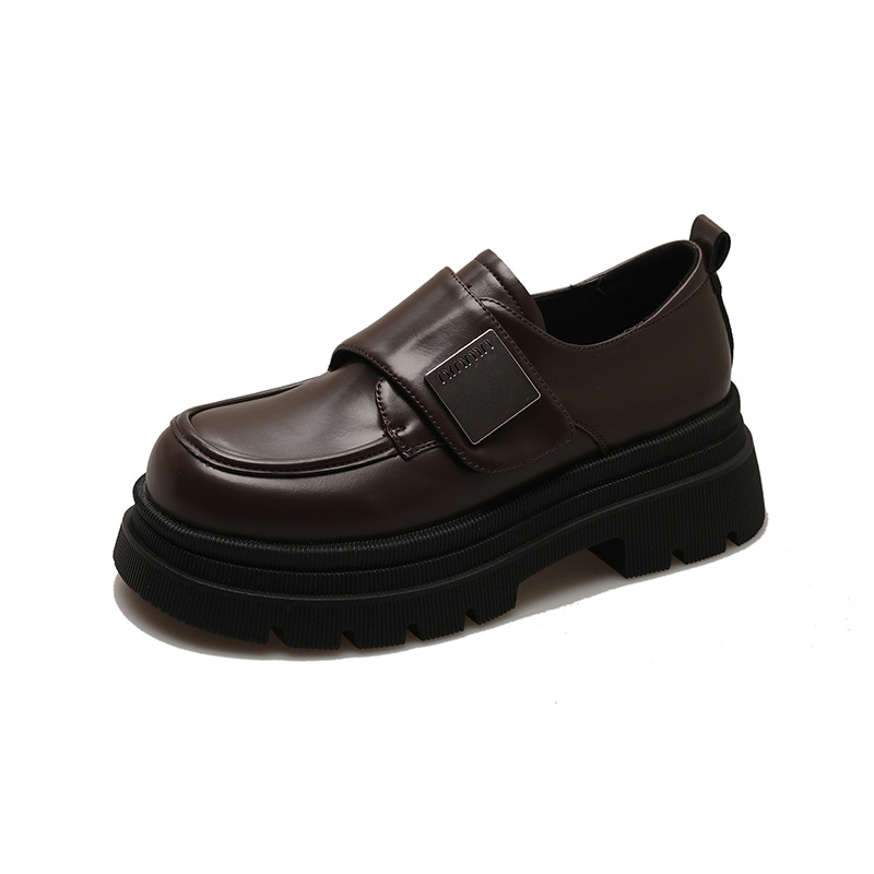 Women's Black Chunky Heel Leather Shoes British Style foto 4