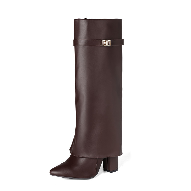 Womens Pointed-toe High-shaft Straight-leg Mid-calf Boots With Metal Buckles foto 5