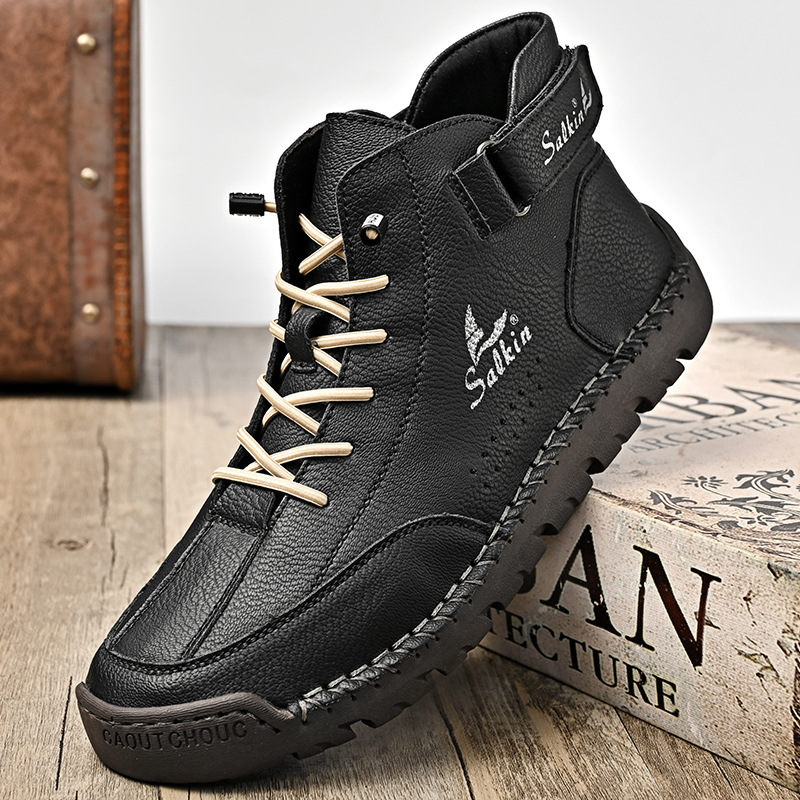 Men's Leather Shoes Casual Hand Stitching Flat Round Toe