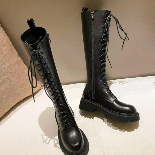 Women's Black Below The Knee Thickened Martin Boots foto 4