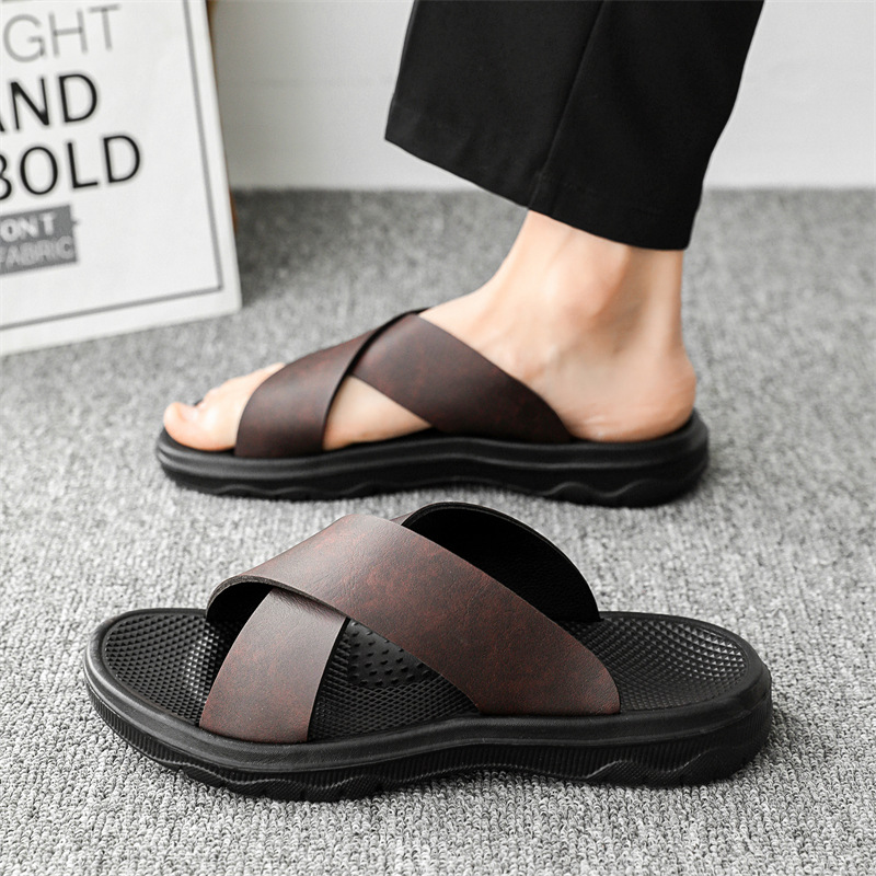 Leather Cross Plus Size Beach Casual Slippers Men foto 2