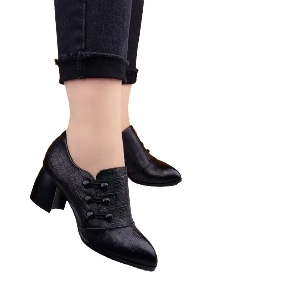 Spring And Autumn Single-layer Shoes Women's Shallow Mouth Pointed Toe Thick Heel Leather Shoes foto 5