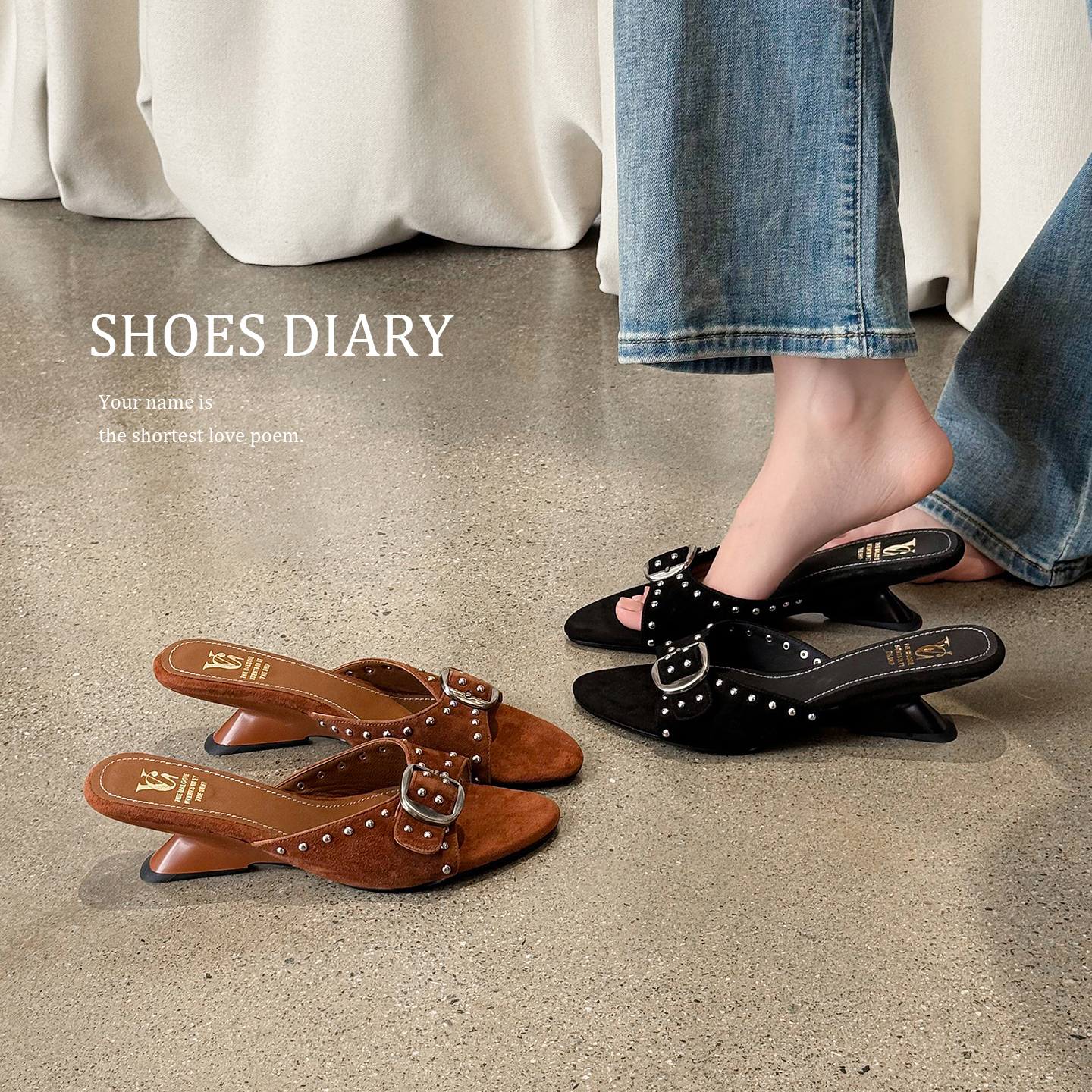Women's Handmade Suede Rivet Wedge Mule Sandals, Open-Toe Mid-Heel Slides With Sheepskin Lining