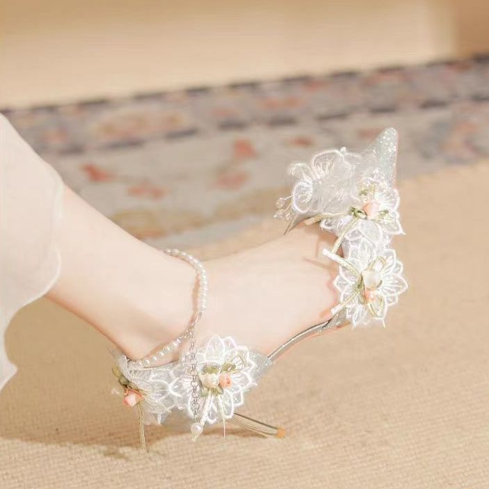 New Pointed Lace Flower Pearl Bow Tie Shoes foto 2