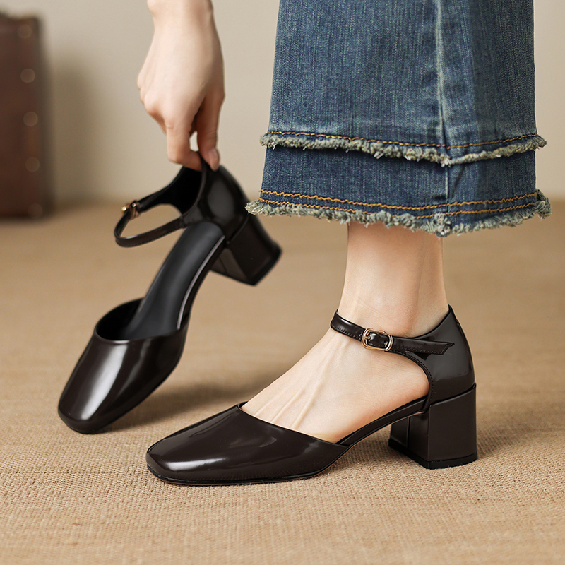 Women's Full-Grain Cowhide Mary Jane Block Heel Sandals, Handmade Leather Square Toe Heels foto 2