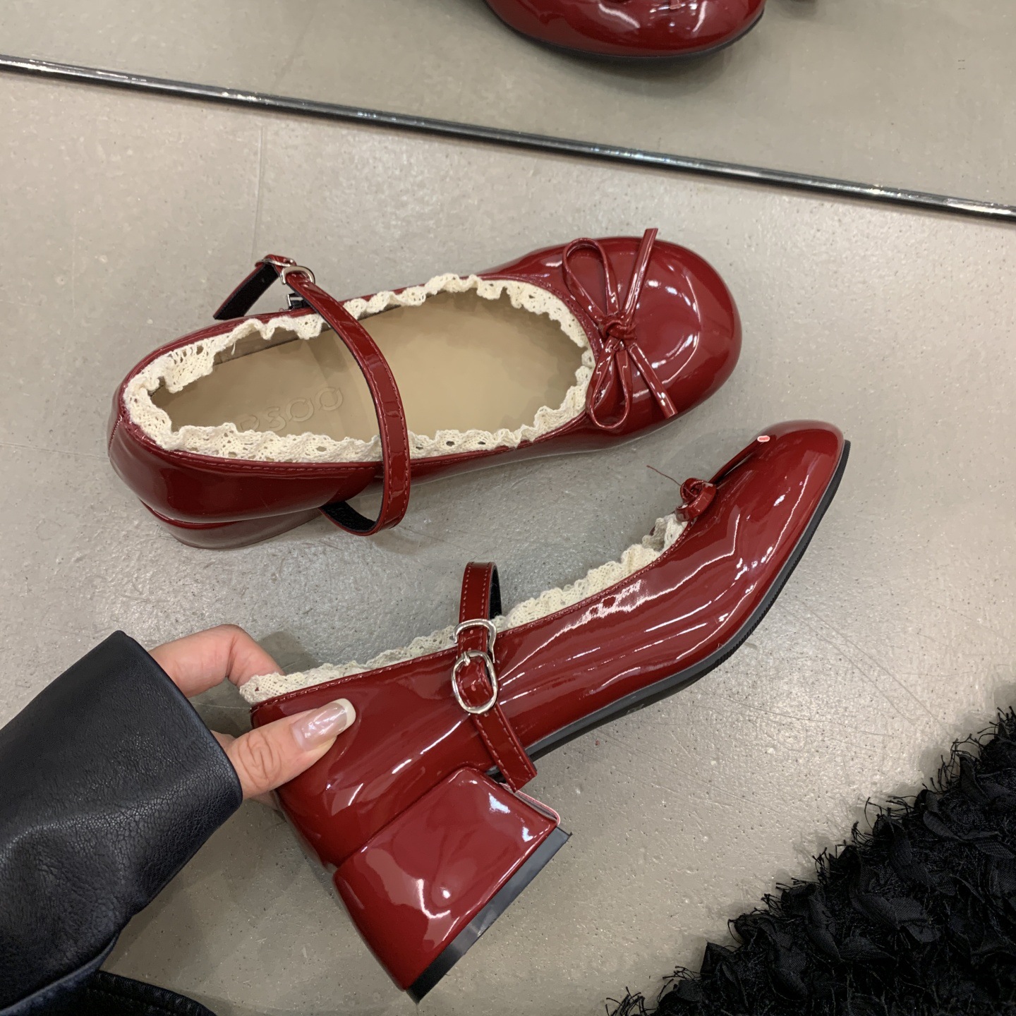 Womens French Lace Bow Mary Jane Shoes