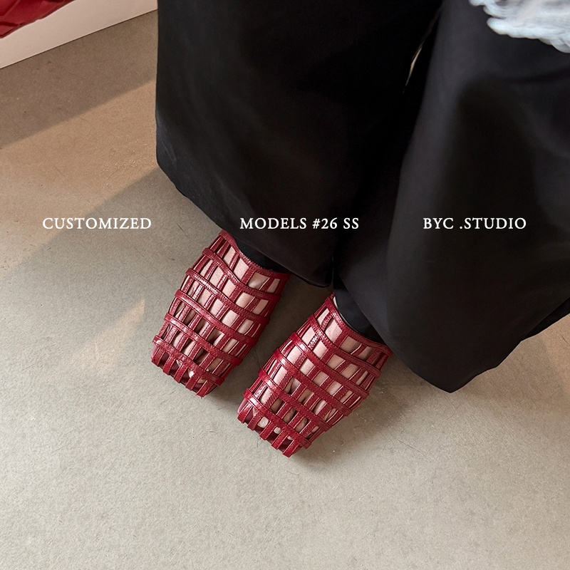 Women's Handmade Full-Grain Leather Woven Caged Flat Sandals, Square Toe Sheepskin Lined Retro Shoes foto 3