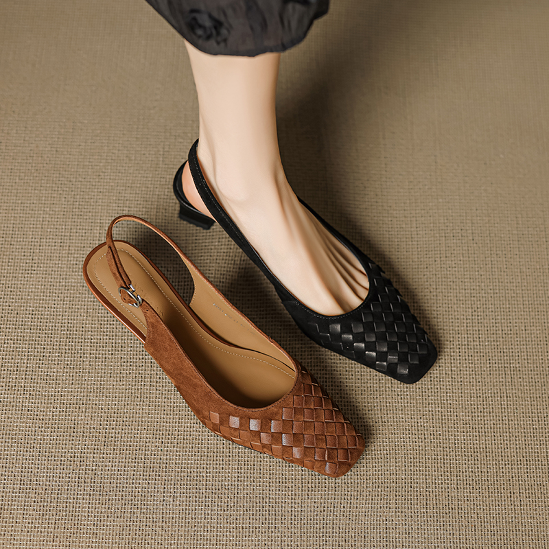 Women's Handmade Suede Woven Slingback Block Heel Sandals, Square-Toe Buckle Dress Shoes foto 5