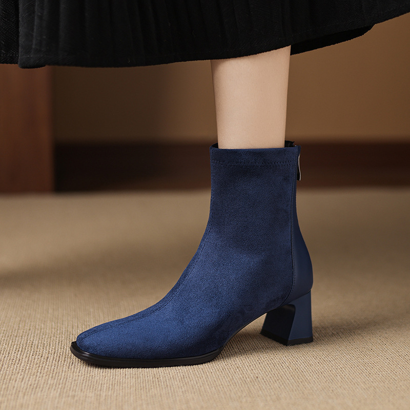 French-style Vintage Leather Patchwork Mid-heel Ankle Boots foto 2