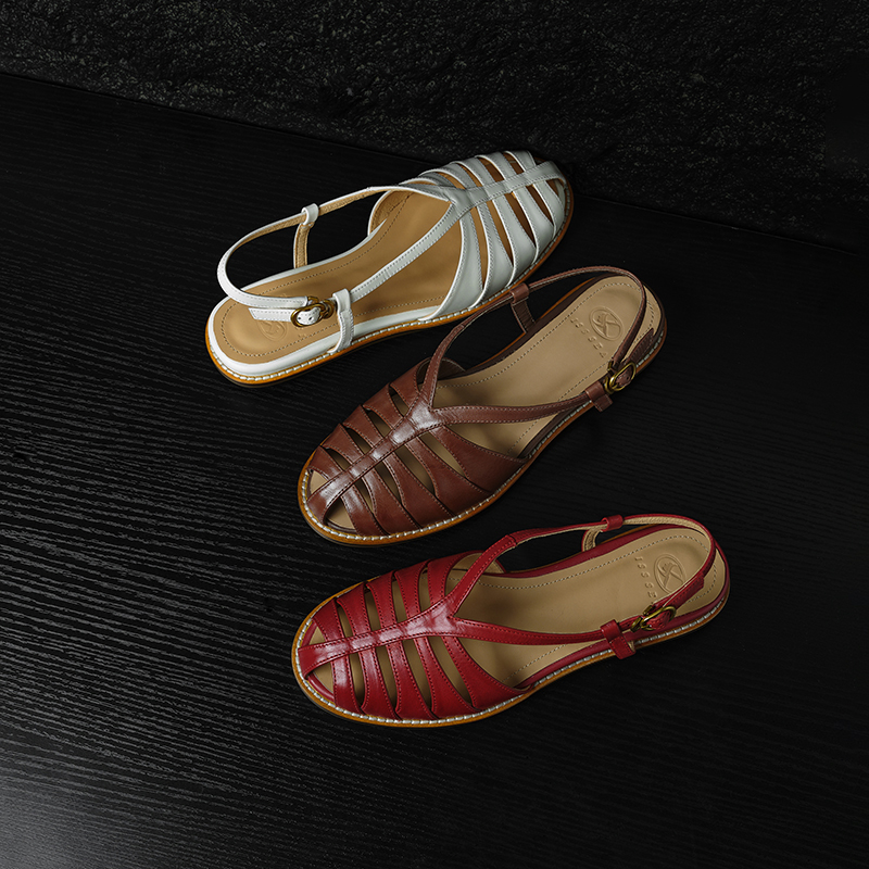 Women's Premium Full Grain Leather Woven Roman Sandals, Closed Toe Slingback Flat Shoes foto 5