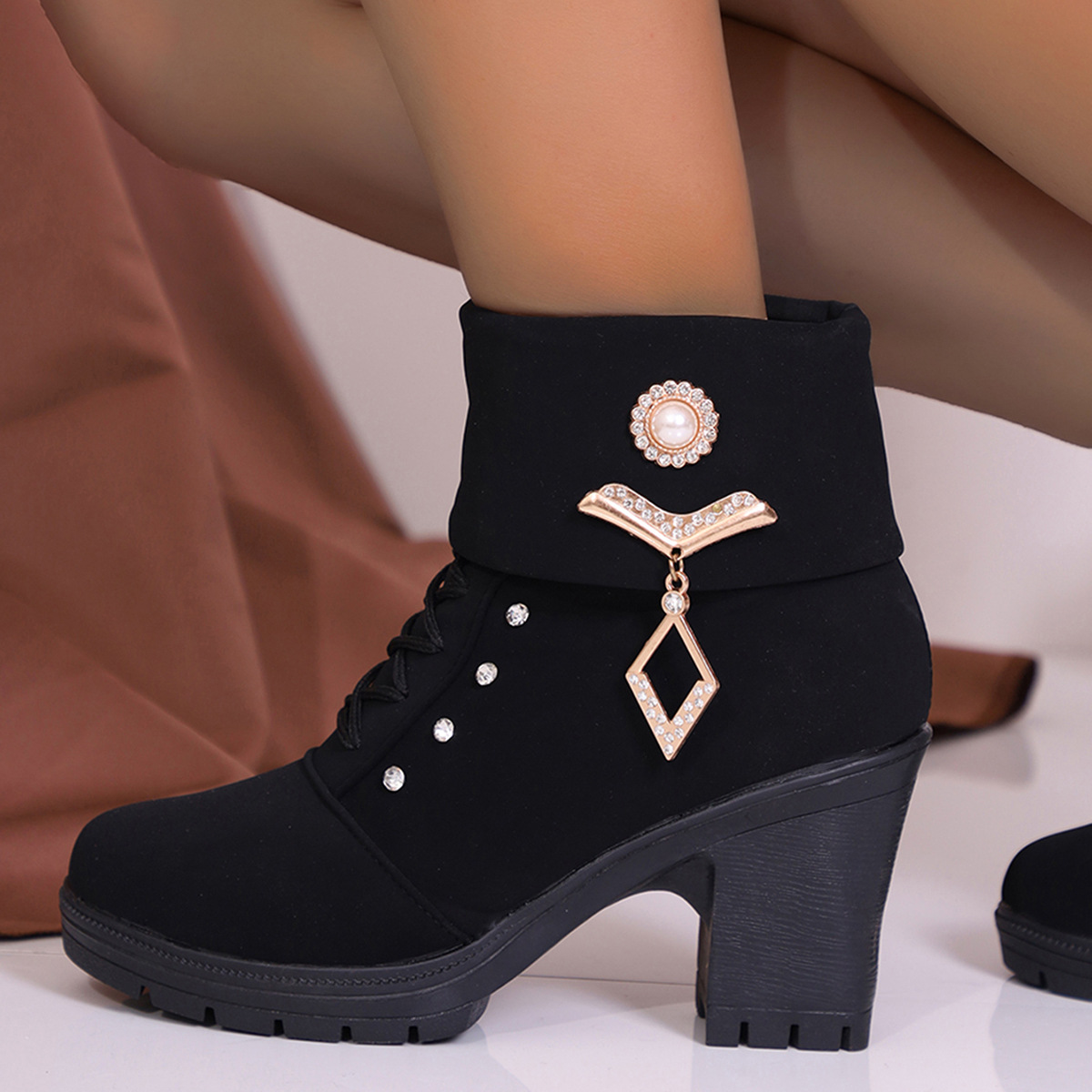 Plus Size Martin Boots Rhinestone High-heeled Cotton Boots foto 4