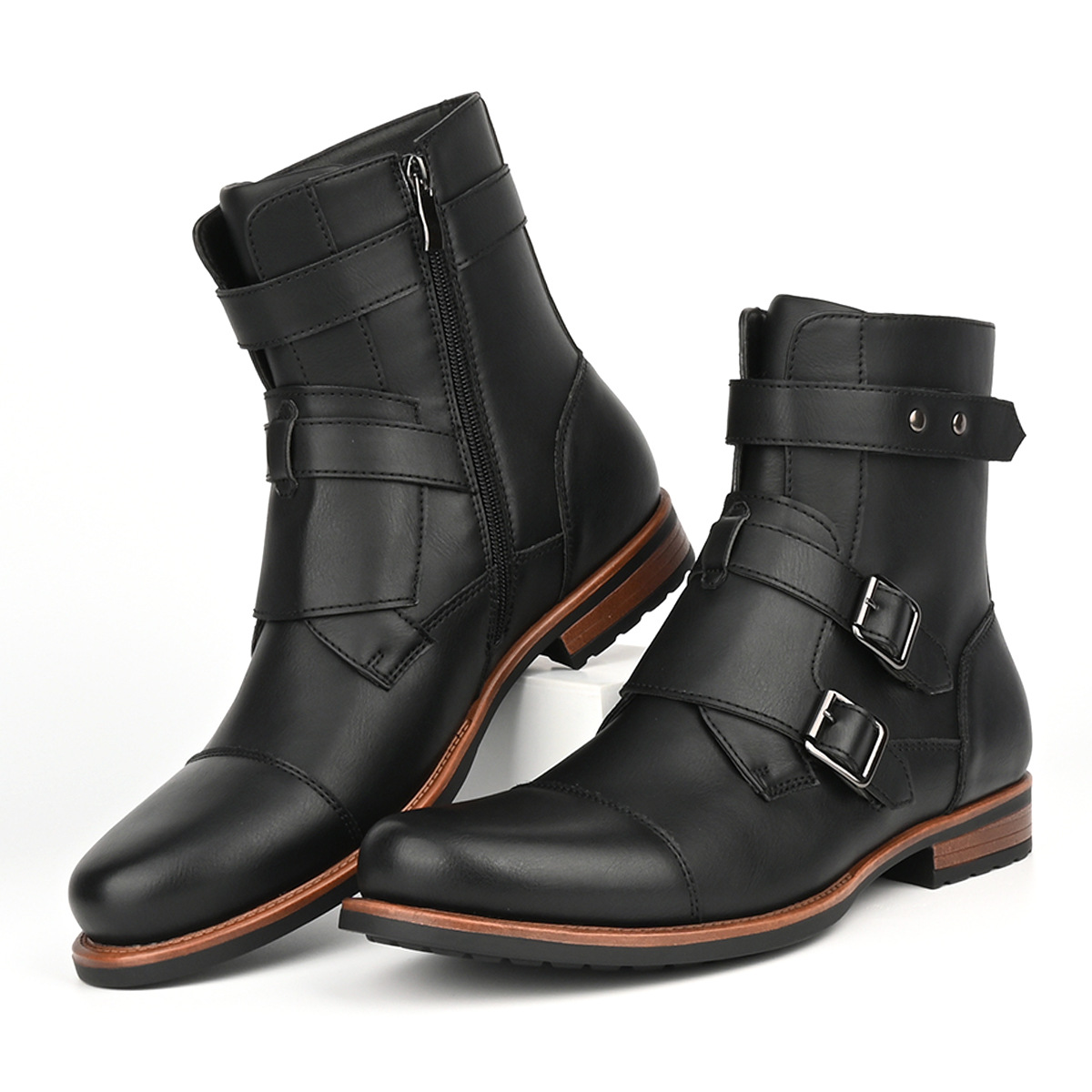 Mens Minimalist Vintage Metal-buckle Side-zip Low-heeled Denim Boots foto 3